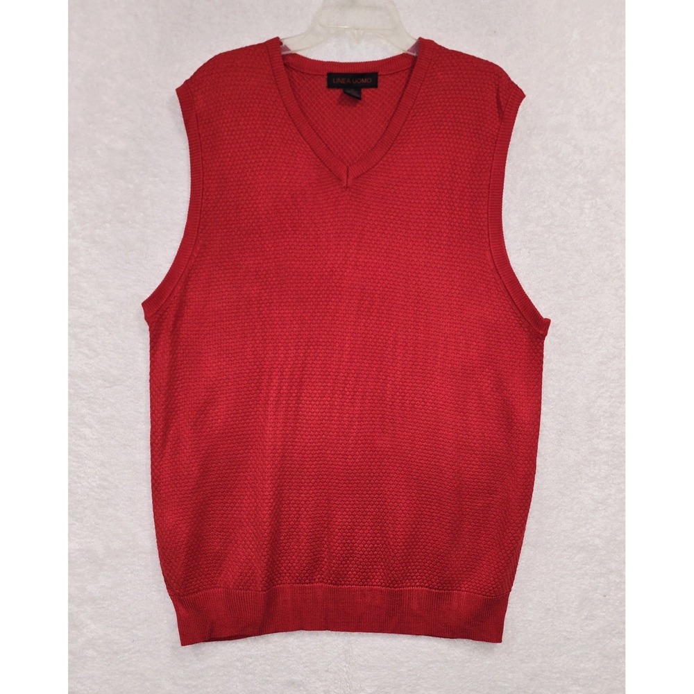 LINEA UOMO Men's Red Knit V-Neck Pullover Sweater Vest Size XL 100% Acrylic‎